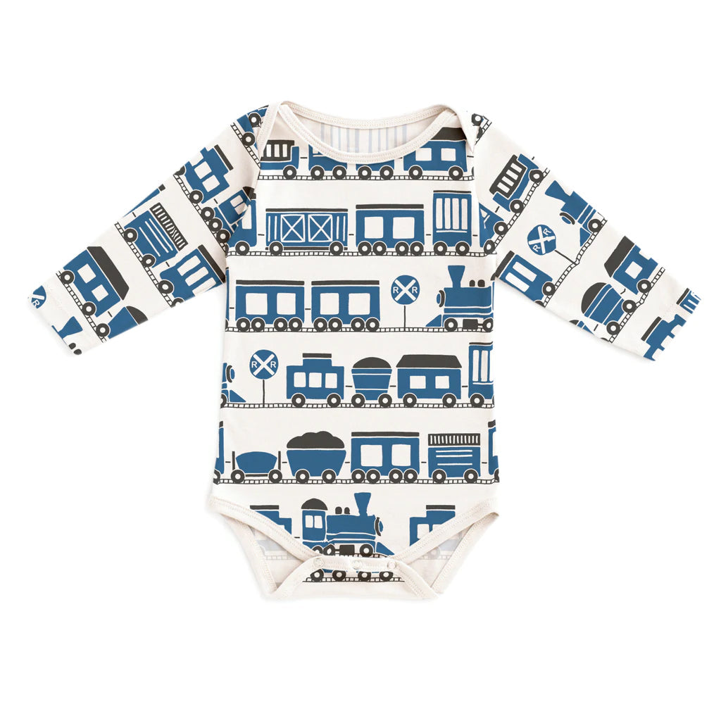 Long sleeve bodysuit- navy trains