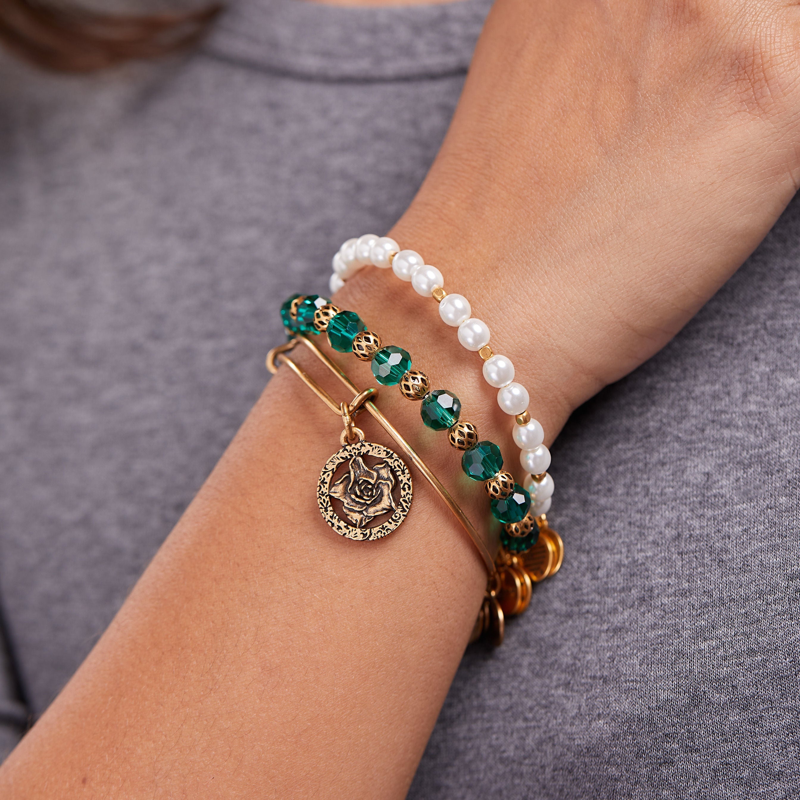 Rose Charm Bangle, Set of 3